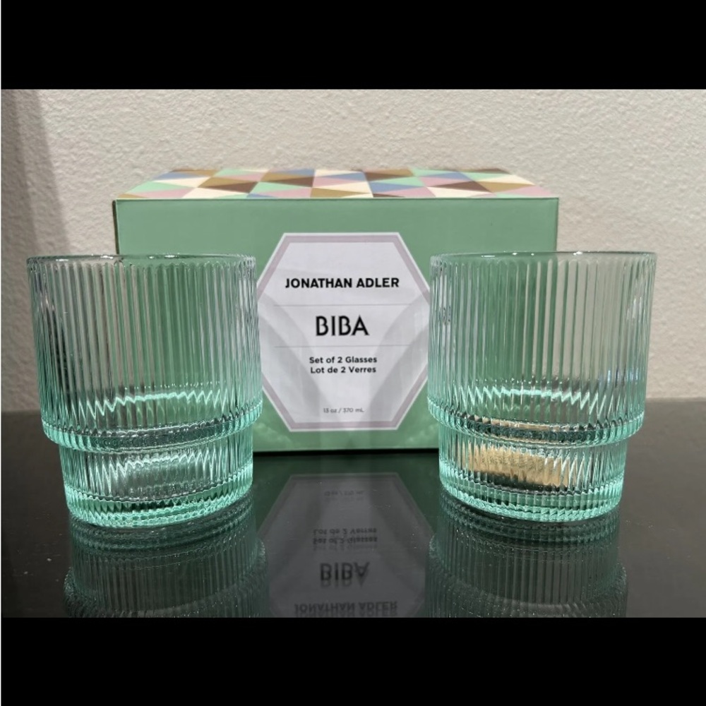 Jonathan Adler Biba Glasses Ribbed Aquamarine 13 oz Set of 2 New In Box